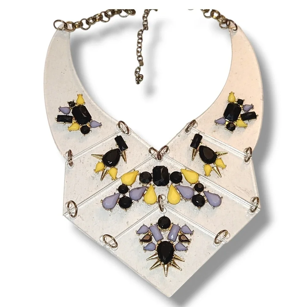 Stradivarius Clear Lucite Bib‎ Statement Necklace Black Yellow Lavender VTG